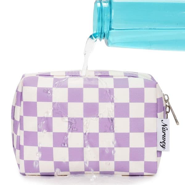 Compact Purple Checkered Makeup Pouch Features Compartments and Zippered Storage Ideal for Wallets, Travel, Shopping, and Daily Essentials