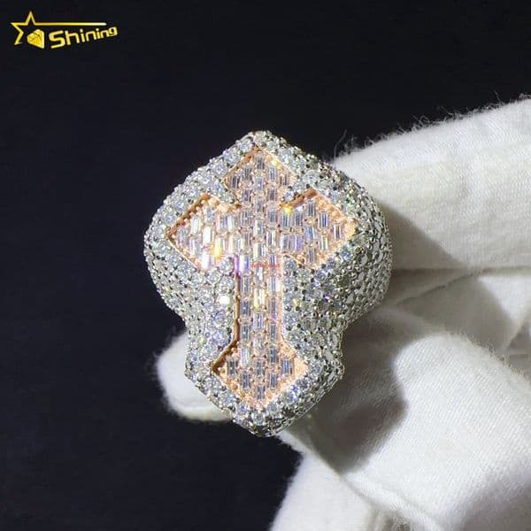 Pass Diamond Tester 925 Sterling Silver VVS Moissanite Hip Hop Custom Iced Out Cross Ring Designer