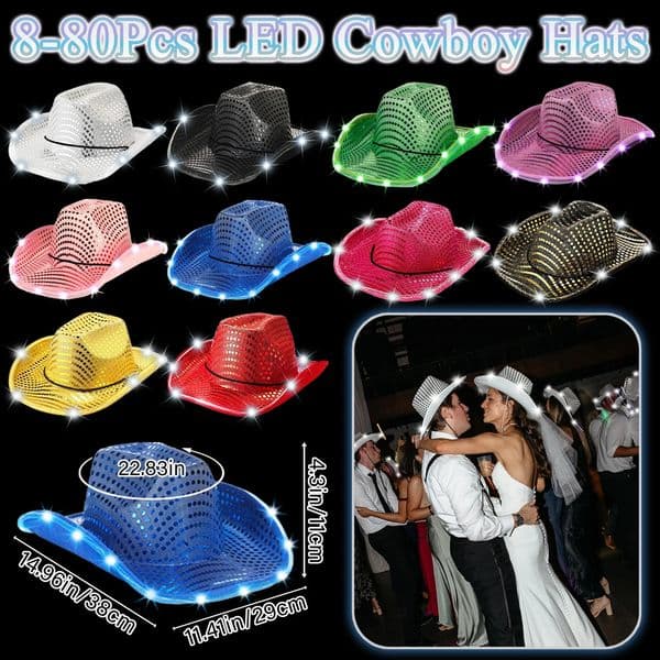 81624325680Pcs LED Cowboy Hats Bulk for Wedding Lighting up Party Hats Bachelorette Sequin Cowgirl Hat Flashing Disco Hats 251017