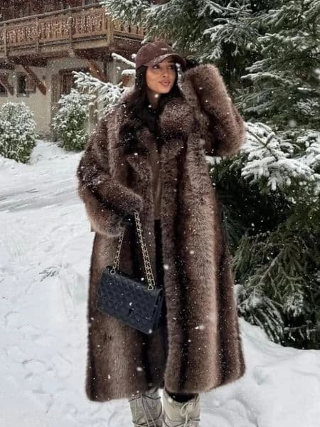 Lapel Long Faux Fur Coat For Women Solid Full Sleeve Furry Loose Jackets Fashion Ladies Winter Warm High Street Outerwear 251011