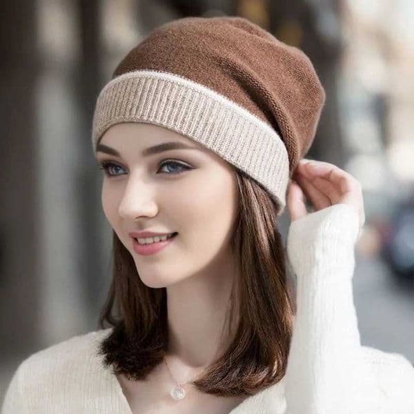 Women Wool Cashmere Knit Beanie Hat Autumn Winter Color Block Thermal Ear Warm Windproof Slouchy S260526