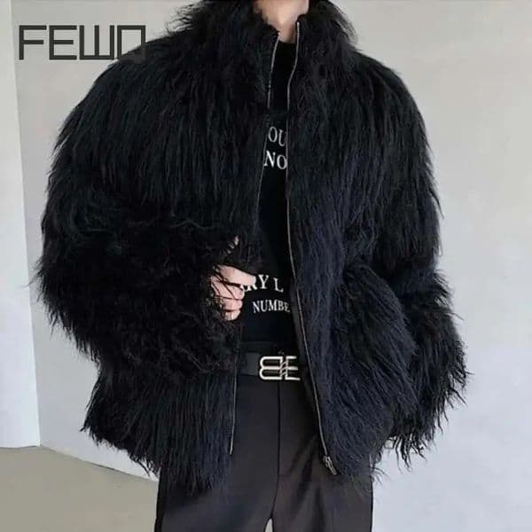 FEWQ Mens Fur Clothing Cotton Jacket Fashion Solid Color Autumn Winter Trendy Menwear Stand Collar Loose Top 9C3655 251017