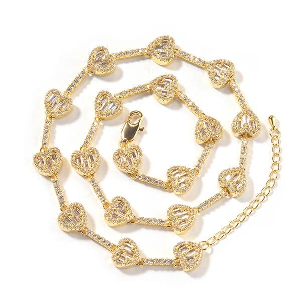 Hip Hop 5A Zircon LOVE Heart Tennis Chain Necklace Bracelets Gold Plated Jewelry for Women Men Couple