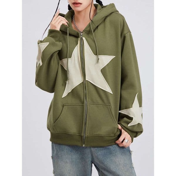 Women's Casual Print Jacket - Long Sleeve Zip-Up Drawstring Hoodie, Olive Green With Beige Star Panels, Polyester Blend, Hine Washable, All-Season Comfort,