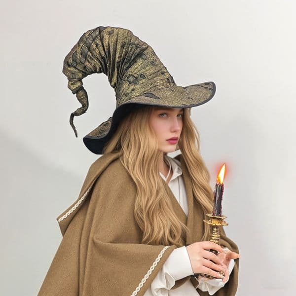 The vibrant golden Halloween witch hat is suitable for Halloween party roleplaying and themed event makeup parties 251011