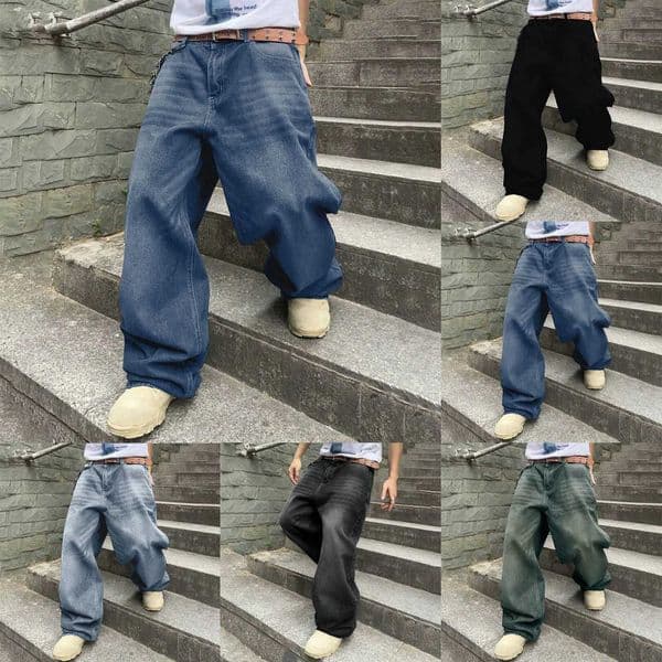 Fashion Mens Baggy Hip Hop Jeans Loose Fit Wide Leg Skater Denim Pants Casual Korean Fashion Long Trousers Streetwear Dark Blue Black