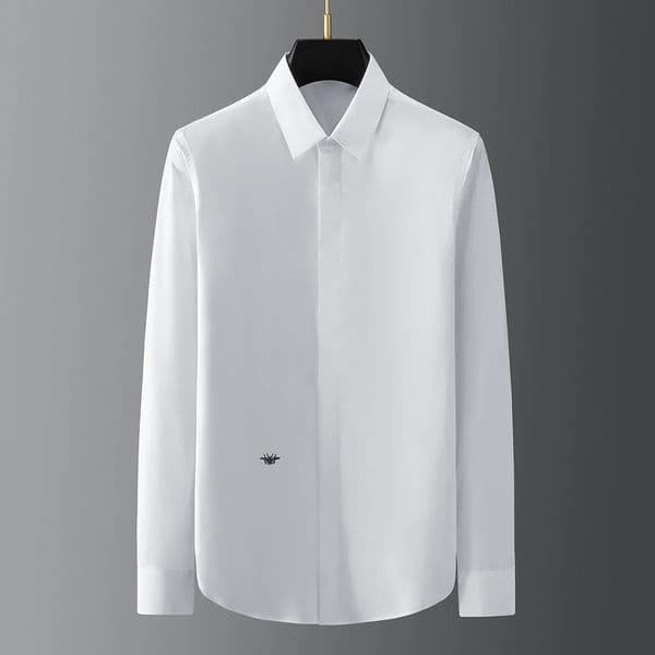 High End Gold Bee Embroidered Business Shirts Mens Solid Color Long Sleeved Banquet Party Shirt Versatile Casual White Tops 251016BJ