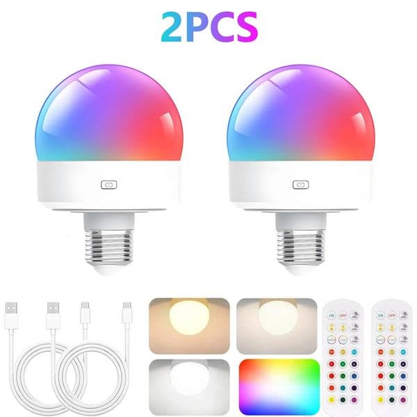 2PCS Rechargeable Light Bulbs Remote Control Battery Operated Light Bulb with Timer Dimmable 3 Color Temperatures 251013