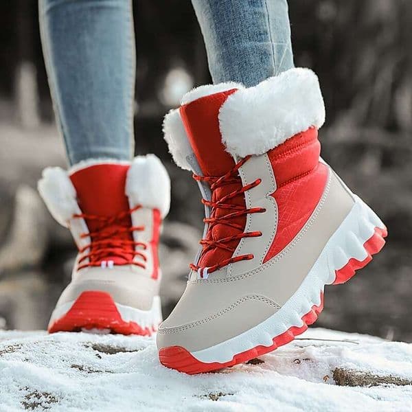 Women's Thermal Insulated Fur-Like Collar Plush Heavy-Duty Upper, TPR Sole, Round Toe Arch Support Outdoor Hiking, Walking, Casual Wear Red/Black/White Color