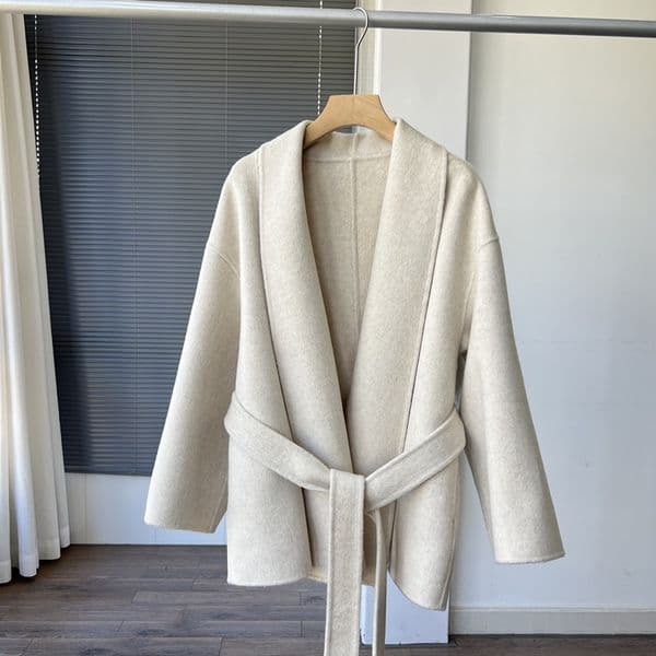 The~ro/* w cashmere Tencel wool lapel tie waist double sided woolen coat short jacket for women