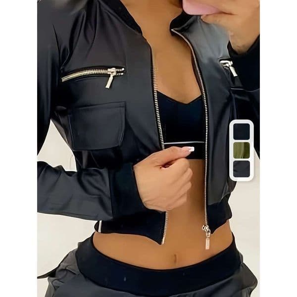 Zipper Solid Crop Jacket, Y2k Long Sleeve Jacket For Spring & Fall, Women's Clothing