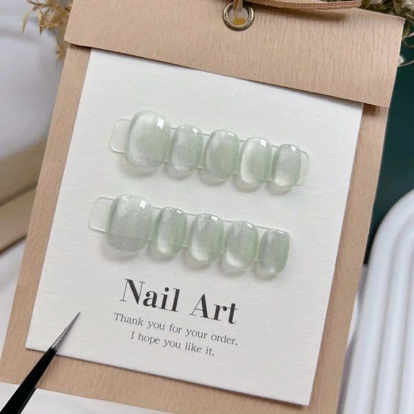 10Pcs Short Handmade Light Green Press On Nails Cat Eyes Pure Ballerina Decoration Wearable False Nails Full Cover Nail Tips Art 251015