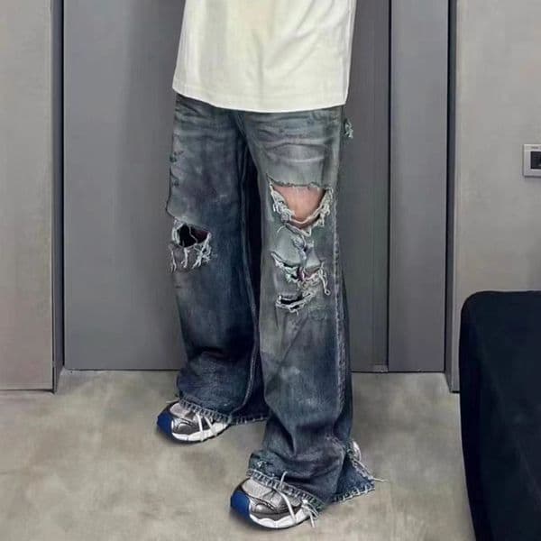 Fashion Frayed Damaged Hole Baggy Wide Leg Jeans for Men and Women Streetwear Casual Denim Trousers Oversized Cargo Pants