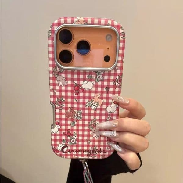 Fresh Red White Checkered Flower Strawberry Rabbit Case for iPhone 17 Pro, Apple 16, and 15 New Model