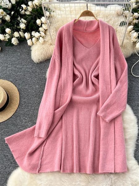 SINGREINY Autumn Knitted Two Pieces Sets Ladies Loose Knitting CardiganSpaghetti Strap Bodycon Dress Basic Solid Winter Suits 251014
