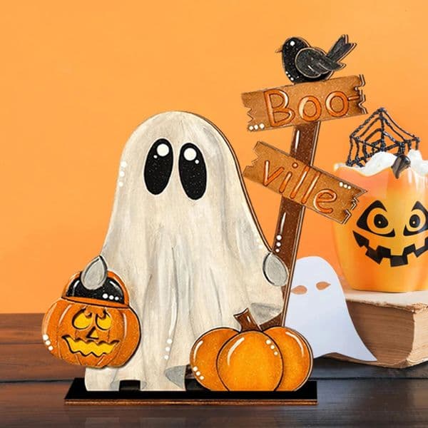 Halloween Wooden Ghost Decor with Pumpkin Bucket and Boo ville Sign Festive Home Decoration 251011