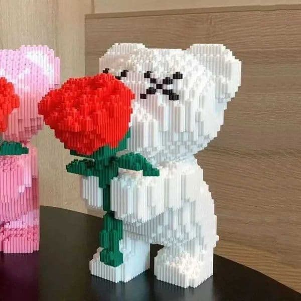 Plane Cute Pink Flower Rose Bear Micro Building Block Educational Toy For slot car Kids Couple Gift Desktop Home Decorations Car Track