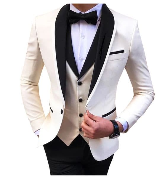 White Slit Mens Suits 3 Piece Black Shawl Lapel Casual Groom Tuxedos for Wedding Groomsmen Suits Men BlazerVestPant 251017