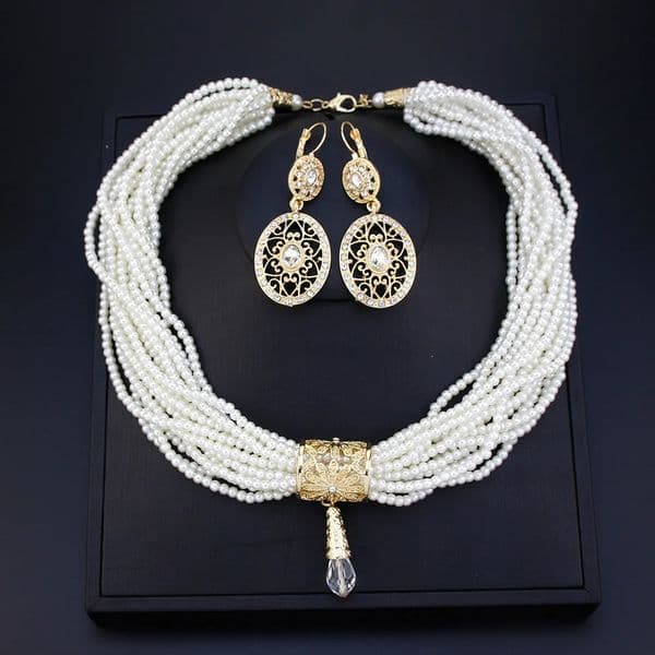 Sunspicems Morocco Crystal Bead Necklace Multilayer Pearl Choker Necklace Earring Gold Color Arabic Bride Wedding Jewelry Sets 251017