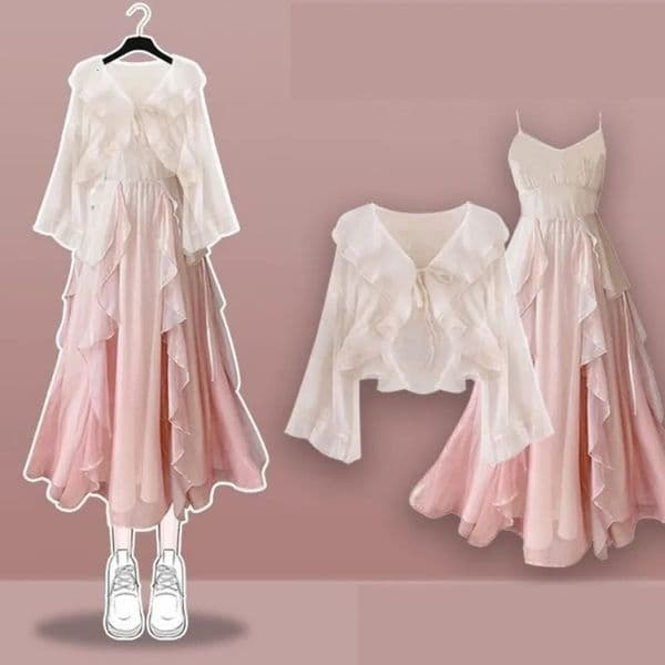 Womens Summer Elegant Chiffon Sunscreen ShirtStrap Skirt Two piece Suit 2025 Lady Korean Fashion Sexy Dress Matching Set 251013
