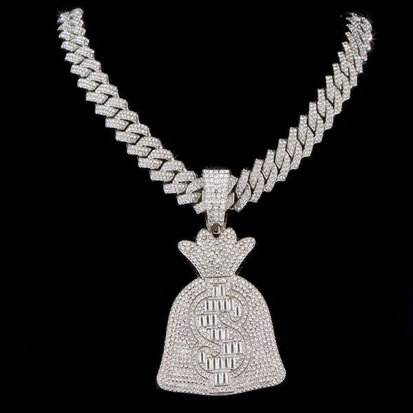 Men Women Hip Hop Dollar Sign Money Bag Pendant Necklace With 14mm Cuban ChainUSD Money Bag Necklaces Trendy Charm Jewelry Gift 251018