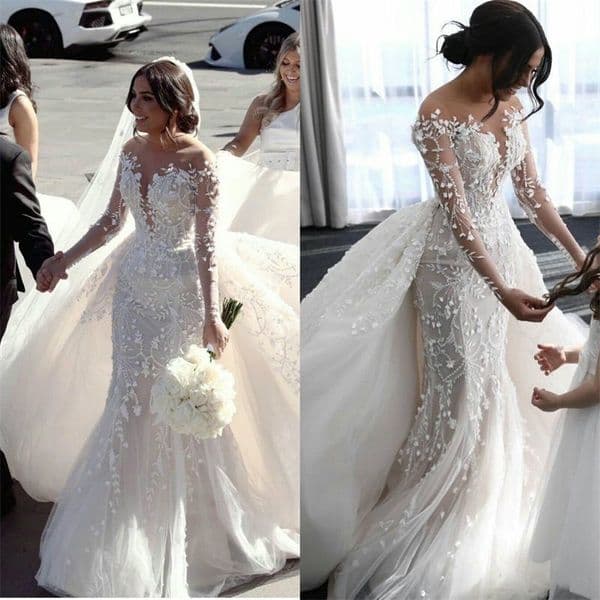 Newest Castle Mermaid Wedding Dresses With Detachable Train Jewel Sheer Neck Appliqued Lace Bridal Gowns Custom Made O19