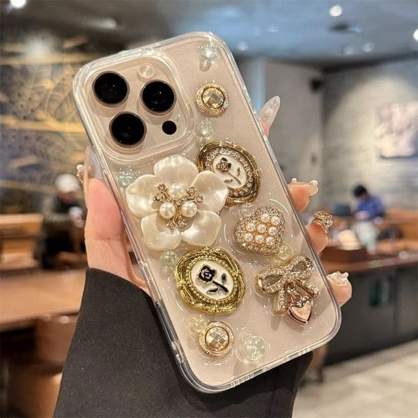 Compatible with iPhone 17 Pro Max Case 3D Camellia Flower Gem Case Bling Glitter Clear Case for Girls Women Cute Sparkly Shiny Crystal Girly Luxury Fashion Phon