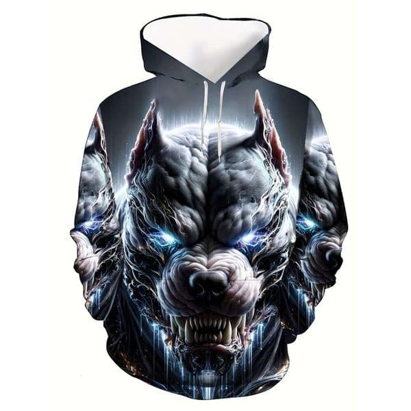 Men's 3D Digital Print Bit Dog Hoodie With Kangaroo Pocket - Fierce Wolf Design, Long Sleeve Pullover For Springl And Fall, Casual Hooded Sweatshirt, Polyester