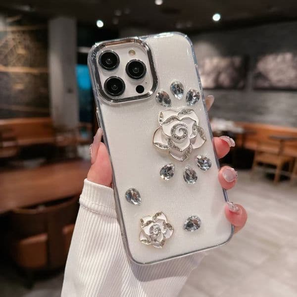 iPhone 17 Pro Max Rhinestone Case, Cute 3D Glitter Sparkle Bling Luxury Shiny Crystal Diamond Camellia Protective Case