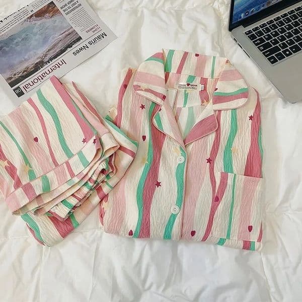 Dopamine Style Korean Women Pajamas Set Autumn Sleepwear Pajama Nightgowns Casual Comfortable Button Down Top and Pants Lady 251014