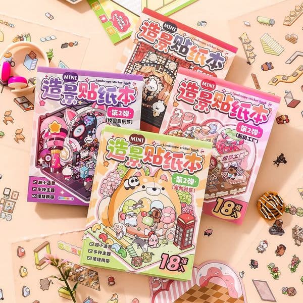 4 Styles Mini Scenery Sticker Book DIY Handbook Material Miniature Scene Visual Stacking Stickers Stationery for Gift Birthday 251009BJ