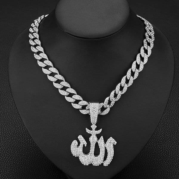 Iced Out 15mm Width Cuban Link Chain With Hip Hop Alloy And Bling Rhinestone Arabic Symbols Pendant Necklace 251018