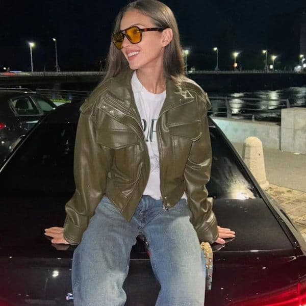 KONDALA 2025 Fall Armygreen Leather Jacket Long Sleeve Pockets Short Bomber Jackets Fashion Streetwear Y2K Girl Outwears 251010