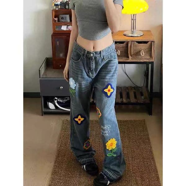 Women's Vintage Embroidered Floral Jeans - High-Waisted, Straight-Leg, Slimming Wide-Leg Floor-Length Pants for Spring and Autumn