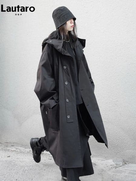 Lautaro Spring Autumn Long Oversized Black Trench Coat with Hood Dark Academia Aesthetic y ner Clothes for Women 251020