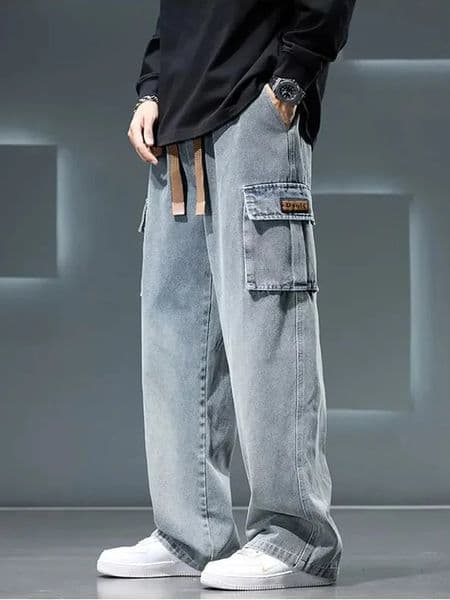8XL Jeans Wide Leg Washing Pants Men Trousers Neutral Solid Color Loose Casual Korean Fashion Pocket Plus Size Cargo Pant 251020