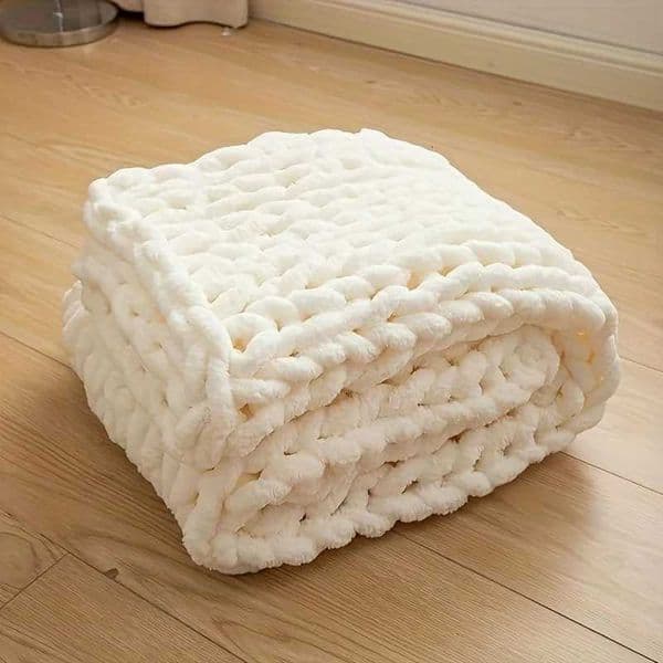 Comfortable Chunky Soft Hand Knit Throw Thick Cable With Chenille Yarn Rope Knot Blanket C251020