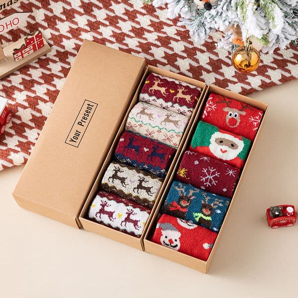 5-Pair Pack Boxed Christmas Socks Women's Warm Wool Mid-Calf Socks For Autumn And Winter With Christmas Elements And Reindeer Patterns One Size Fits All