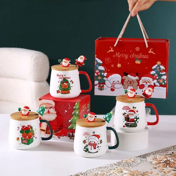 Christmas Themed Santa Reindeer Ceramic Coffee Mug with Lid and Spoon Perfect Holiday Gift 251015