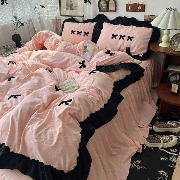 Ins Girl Bow Lace Washed bedding Set Cotton duvet cover set 4 piece with pillowcase with bed line Bed Skirt comforter cover setXJ251015