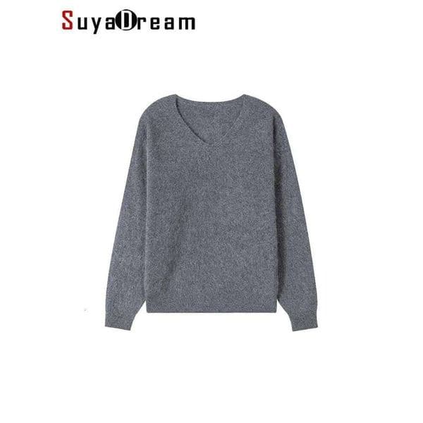 Suyadream, Women Fleece Pullovers, V Neck, 3.8%Cashmere 96.2%Wool, Chic Warm Sweaters, Fall Winter Solid Top, Camel, Olive 251020
