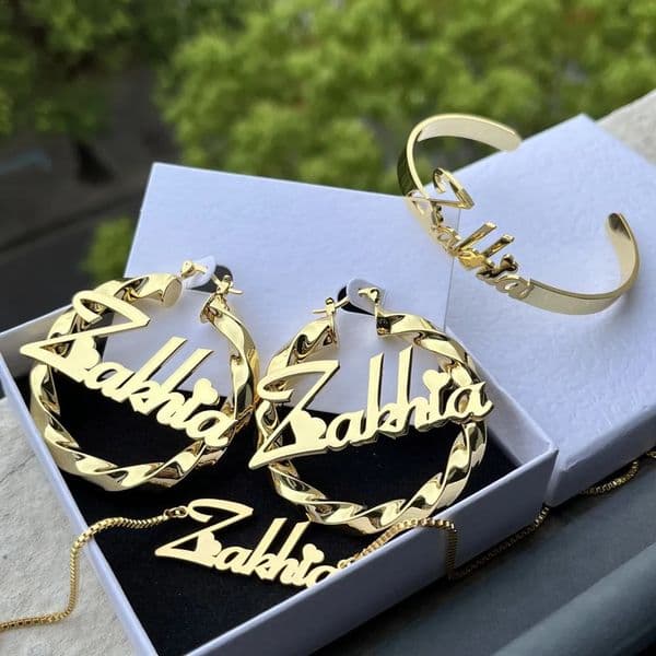 DUOYING Custom Nameplate Jewelry Set For Adult Personalized Dainty Name Necklace Stainless Steel 50mm Earrings ID Cuff Bangles 251013