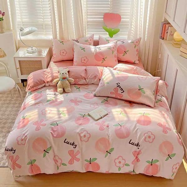 Pink Peach 100 Cotton Duvet Cover Kawaii Fruit Peaches Floral Printed Comforter Covers 3Pcs Kids Girls Cute Cartoon Bedding SetXJ251015