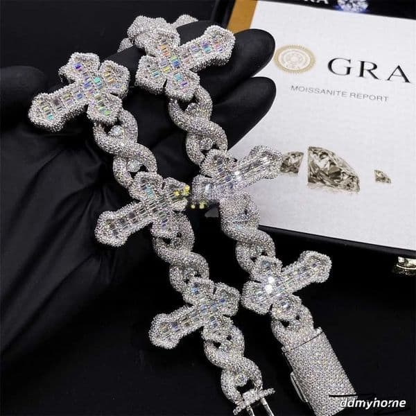 Cross Design Hip Hop Jewelry Sier Charm Iced Out VVS Baguette Moissanite Cuban Bracelet Ddmyhome