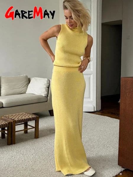 Spring Summer Womens Knitted Suit with A Skirt and Top Elegant Yellow Long Fashion Twopiece Suit with Skirt for Women 251014
