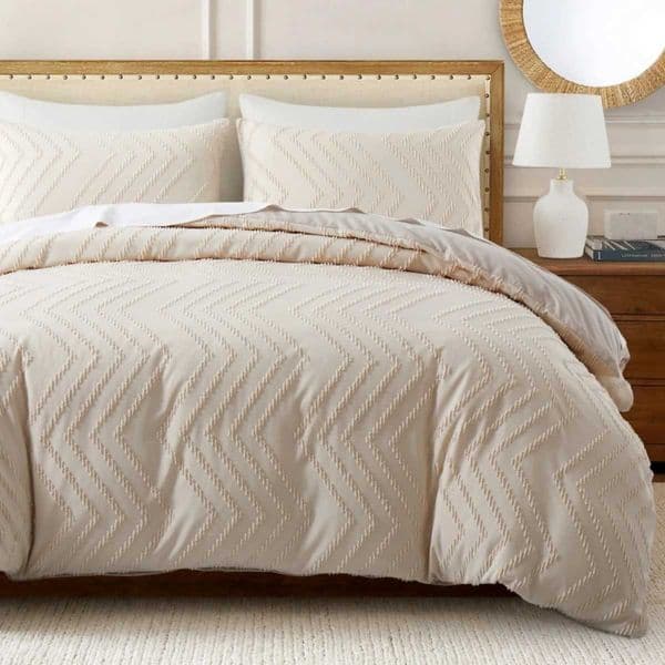 Beige Striped Tufted Duvet Cover King Boho Bedding Comforter Cover Set Aesthetic Embroidery Textured Geometric Quilt CoverXJ251015
