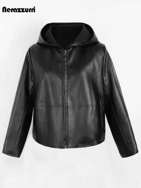 Nerazzurri Spring Autumn Black Short Soft Light Pu Leather Jacket Women with Hood Zipper Waterproof Casual Raincoat Clothes 251014