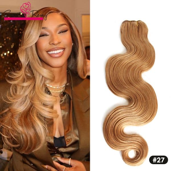 Greatremy Color #27 Virgin Human Hair Extensions Weft Strawberry Blonde Body Wave Light Butterscotch Blonde Quick Weave Bundles Viral Tiktok Trend Wholesale Vendor