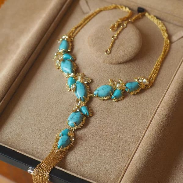 Vintage Women Necklace Yellow Gold Plated Bling CZ Turquoises Chain Necklace for Girls Women for Party Wedding Nice Gift