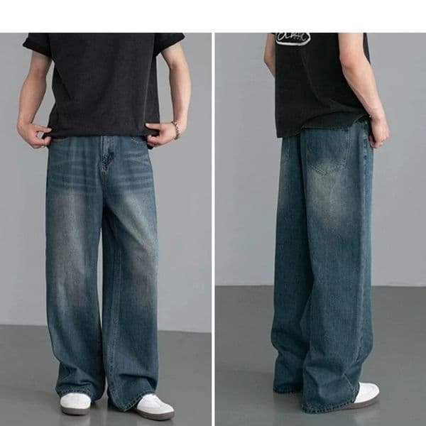 Men's Jeans CNLONGBIDA Harajuku-style Solid Color Mid-waist Straight-leg Pants Street-style Retro Loose-fit Bottoms